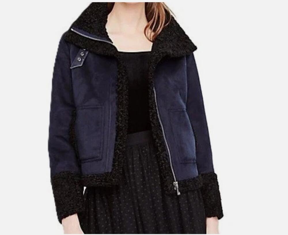 Ann Taylor Aviator Bomber Jacket Navy Faux Suede Sherpa Trim Women's Size 12